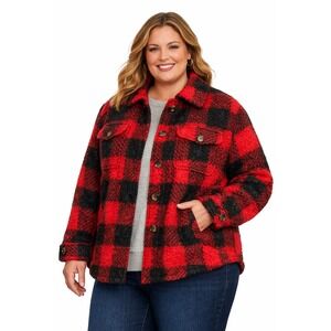 Sundance Womens Red Black‎ Buffalo Plaid Sherpa Lined Shacket Jacket XXL
